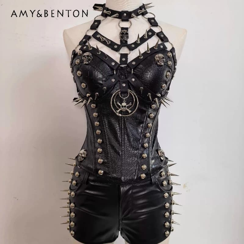 Women's Sexy Set in European-American Gothic Style with Straps with PU Leather Studs, Punk Design, Versatile and Fashion