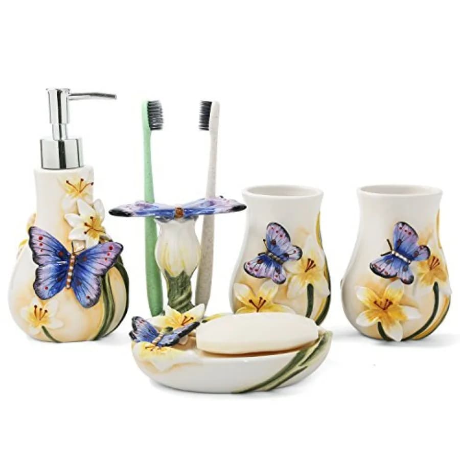 Set di Accessori per Bagno in Ceramica con Farfalla Danzante, 5 Pezzi tra cui Portaspazzolini, 2 Bicchieri per Gargarismo, Portasapone