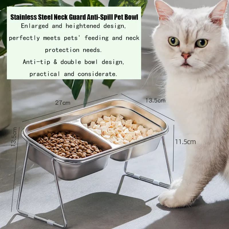 304 Stainless Steel Pet Bowl, Double Bowl Integrated Food Water Feeder for Cat Dog, Anti-Tipping Design