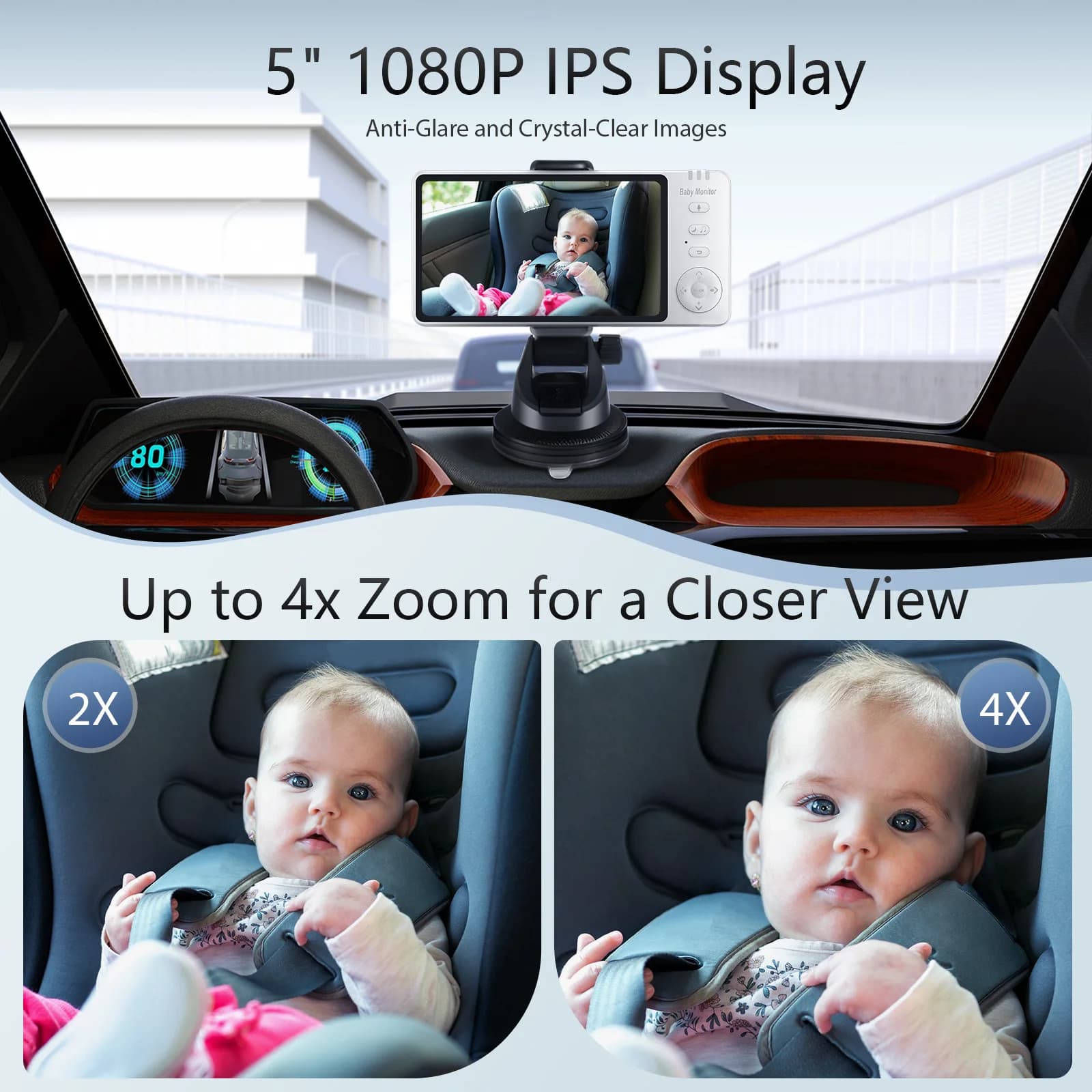 Specchietto per Auto Wireless 2in1 con Visione Notturna e Zoom 4X 150° ° Telecamera grandangolare con monitor IPS da 5'' per sedili posteriori per bambini a casa
