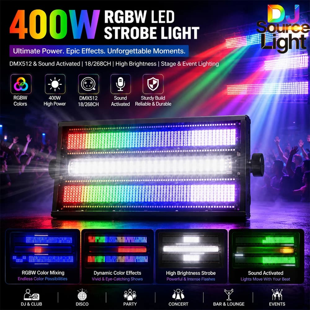 Flasher ST-400W Luce Stroboscopica DMX512, Controllabile Vocalmente, Automatica, con Controllo Master-Slave; per DJ e KTV