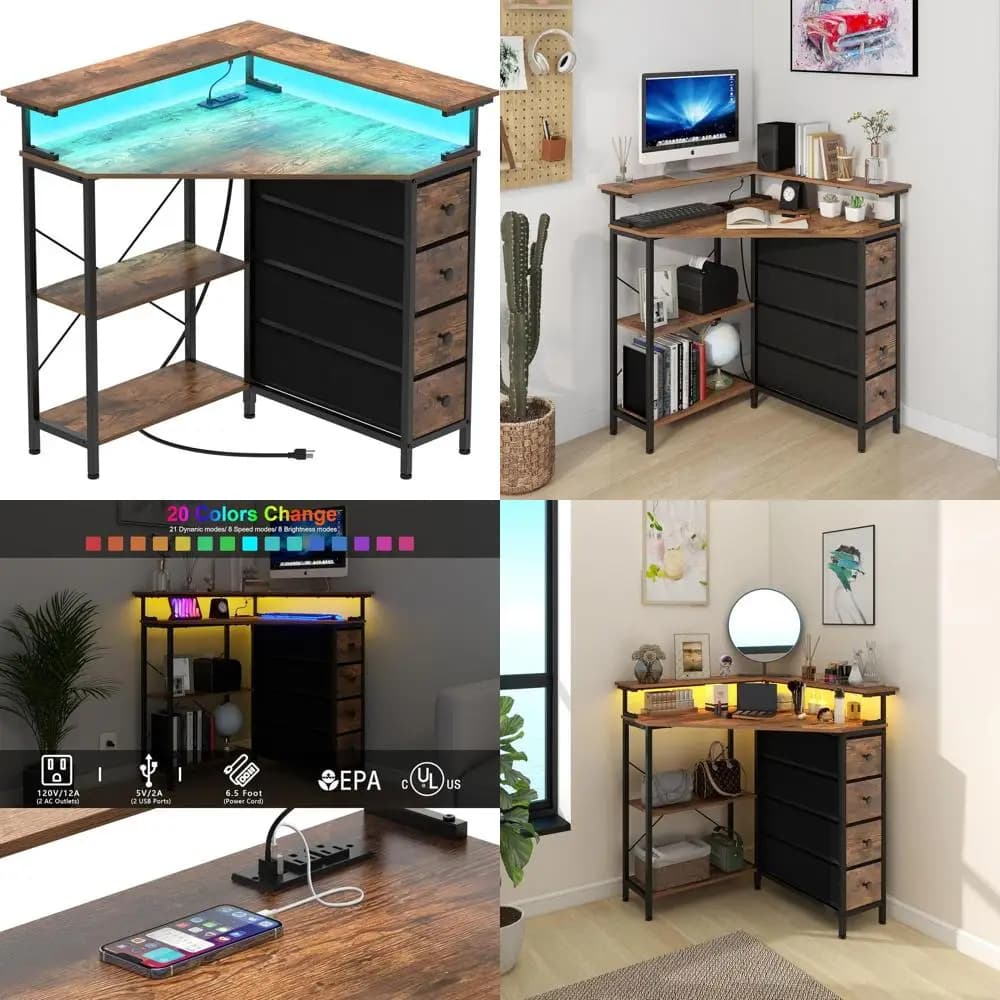 Scrivania Angolare Compatta a 90 Gradi con Cassetti, Scaffali e Luci LED per Ufficio Domestico e Gaming (Marrone)