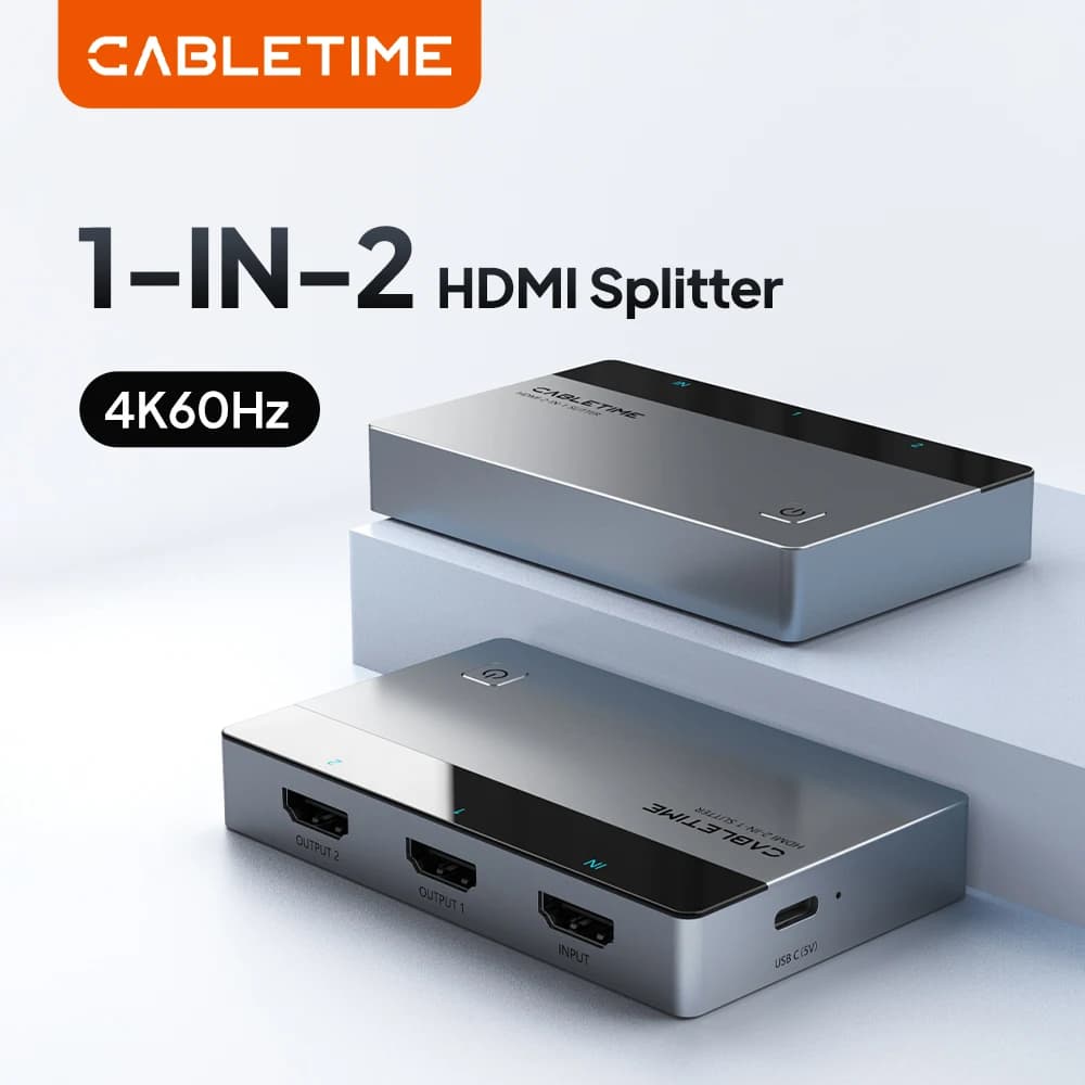 CABLETIME Splitter HDMI 1 IN 2 4K 60Hz Splitter schermo luce LED per HDTV Monitor computer Interruttore PS5 Xiaomi MacBook Laptop
