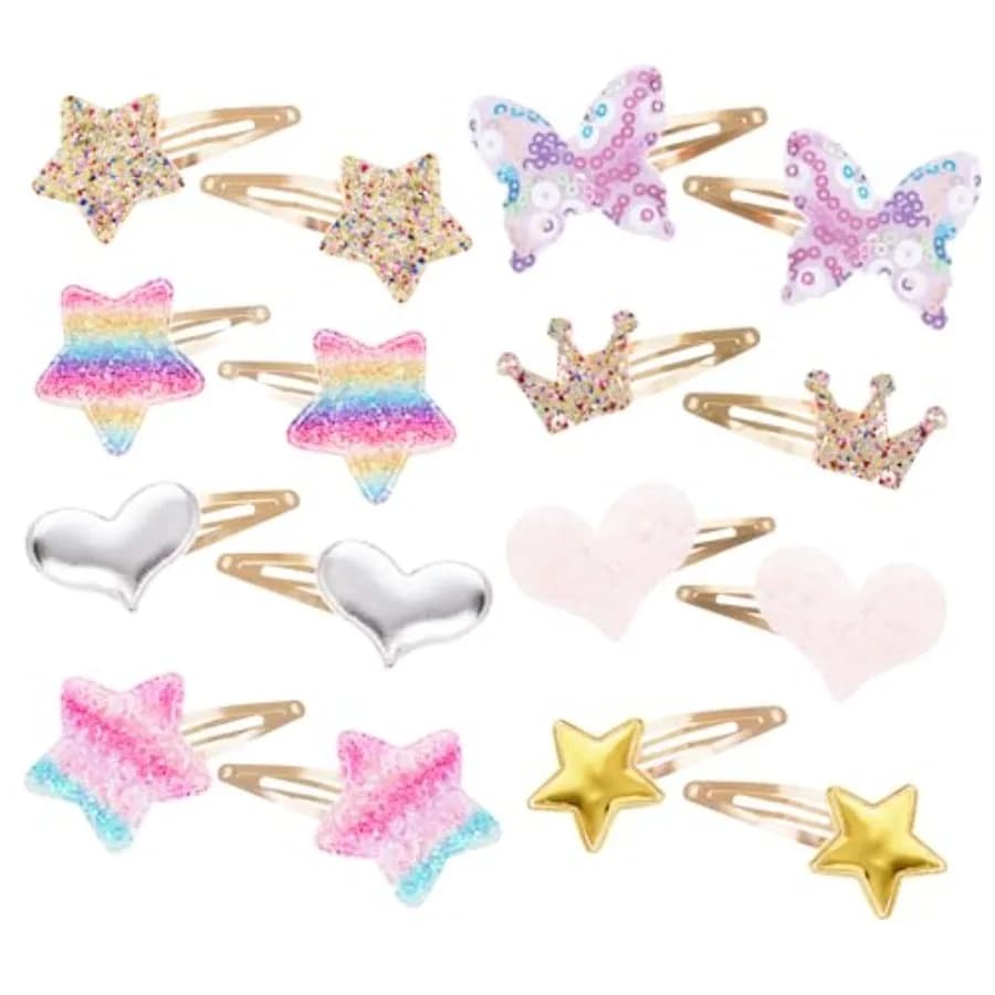 Princess daily hairstyle hair clips: 16 pcs metal snap barrettes in butterfly, star, flower, heart, crown shapes; silver tone;