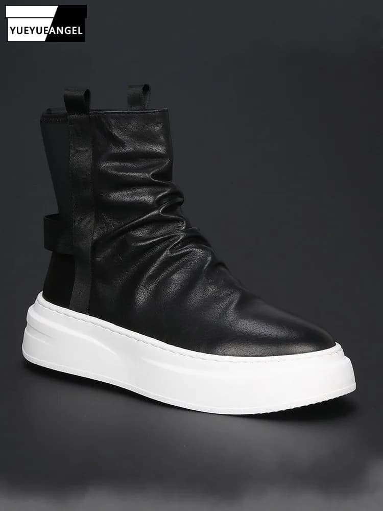 Scarpe da Skateboard da Uomo in Vera Pelle di Vacchetta con Plateau Spesso, Mocassini Slip-On alla Moda, Sneakers da Esterno, Stivaletti
