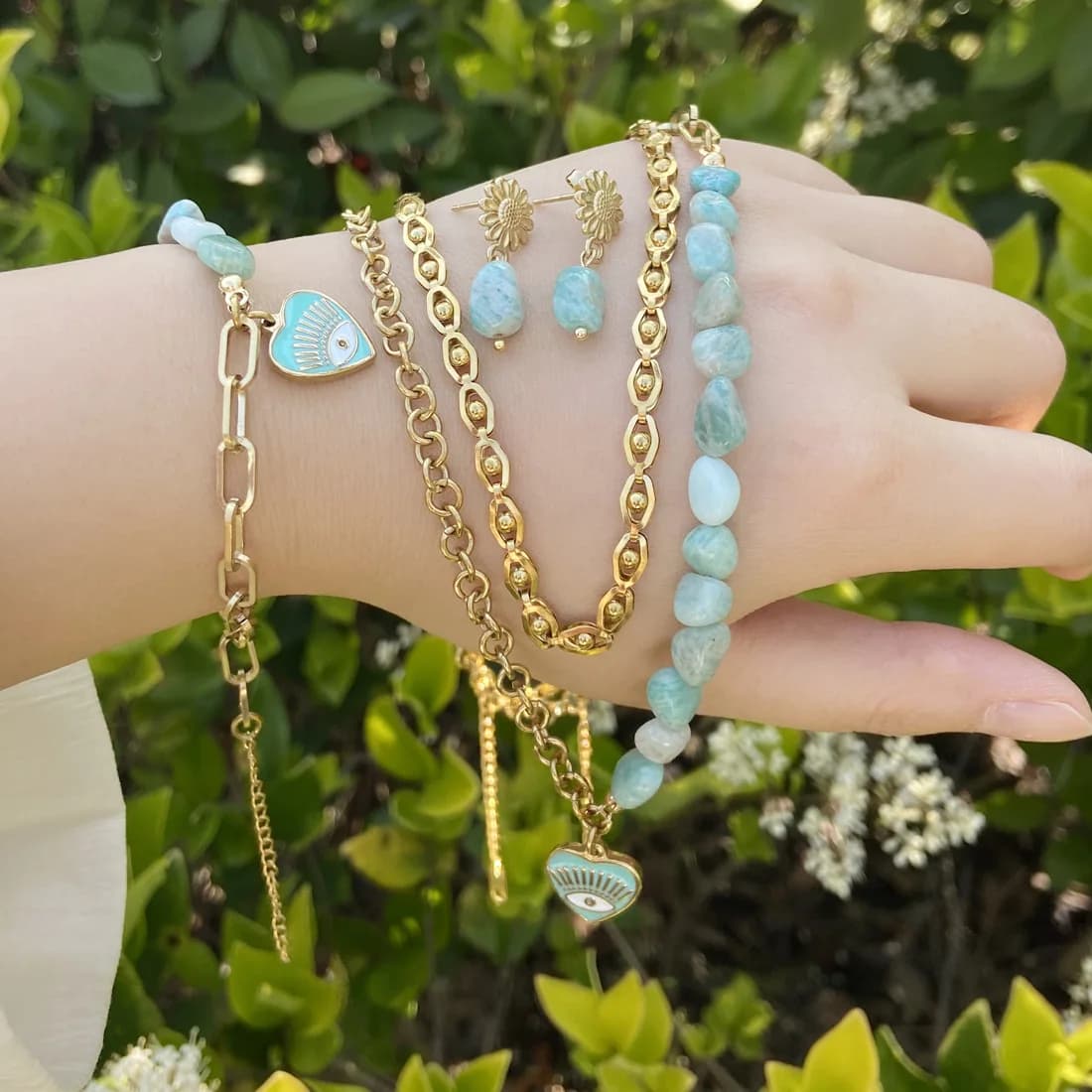 Collana con bracciale Bohemia Evil Blue Eyes per donna Collana con ciondolo in pietra naturale in acciaio inossidabile Bracciale Orecchini Regalo di gioielli