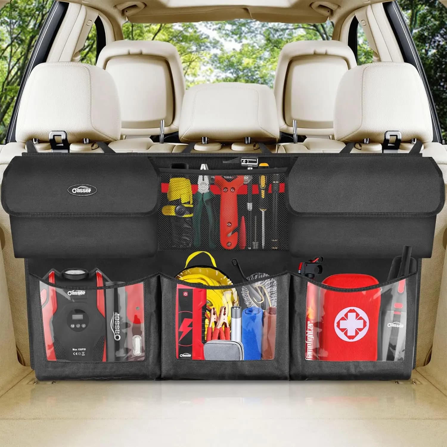 Organizer Pieghevole per Bagagliaio Auto con 6 Tasche e Cinghie Regolabili, Contenitore Portaoggetti 40x19 Pollici per Sedile Posteriore