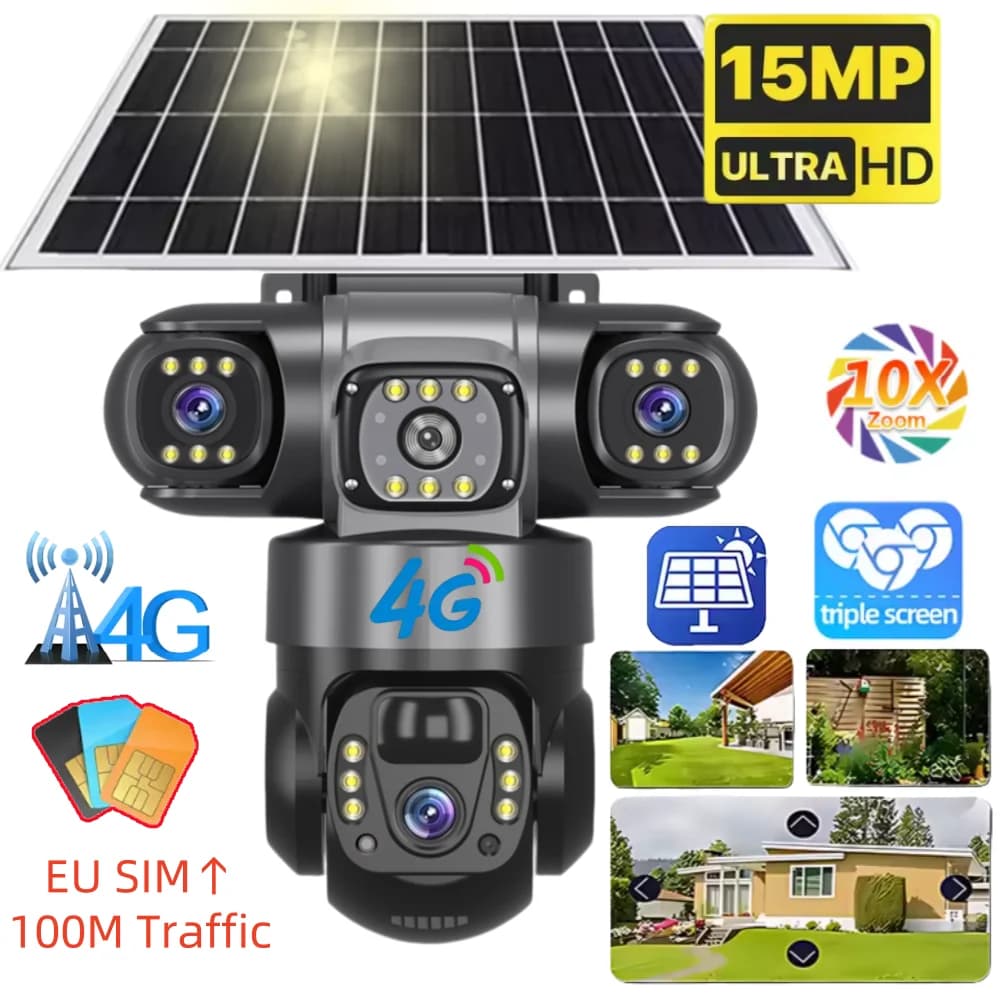 Solar Camera with 4G SIM 15MP HD Outdoor 3 Lens 3 Screens Zoom 10X PIR Human Detection Cameras Night Vision CCTV Security Protection