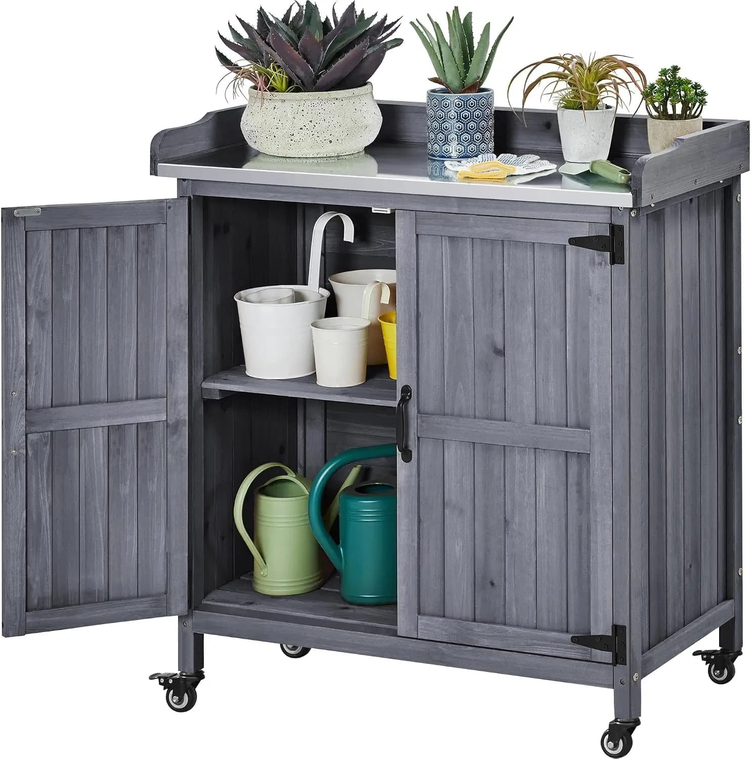 Outdoor Garden Potting Bench Table, Horticultural Wooden Planting Work Bench With Metal Plated Tabletop, Freestanding Large Capacity Storage Cabinet Display Organizer For Patio Yard Balcony, Gray