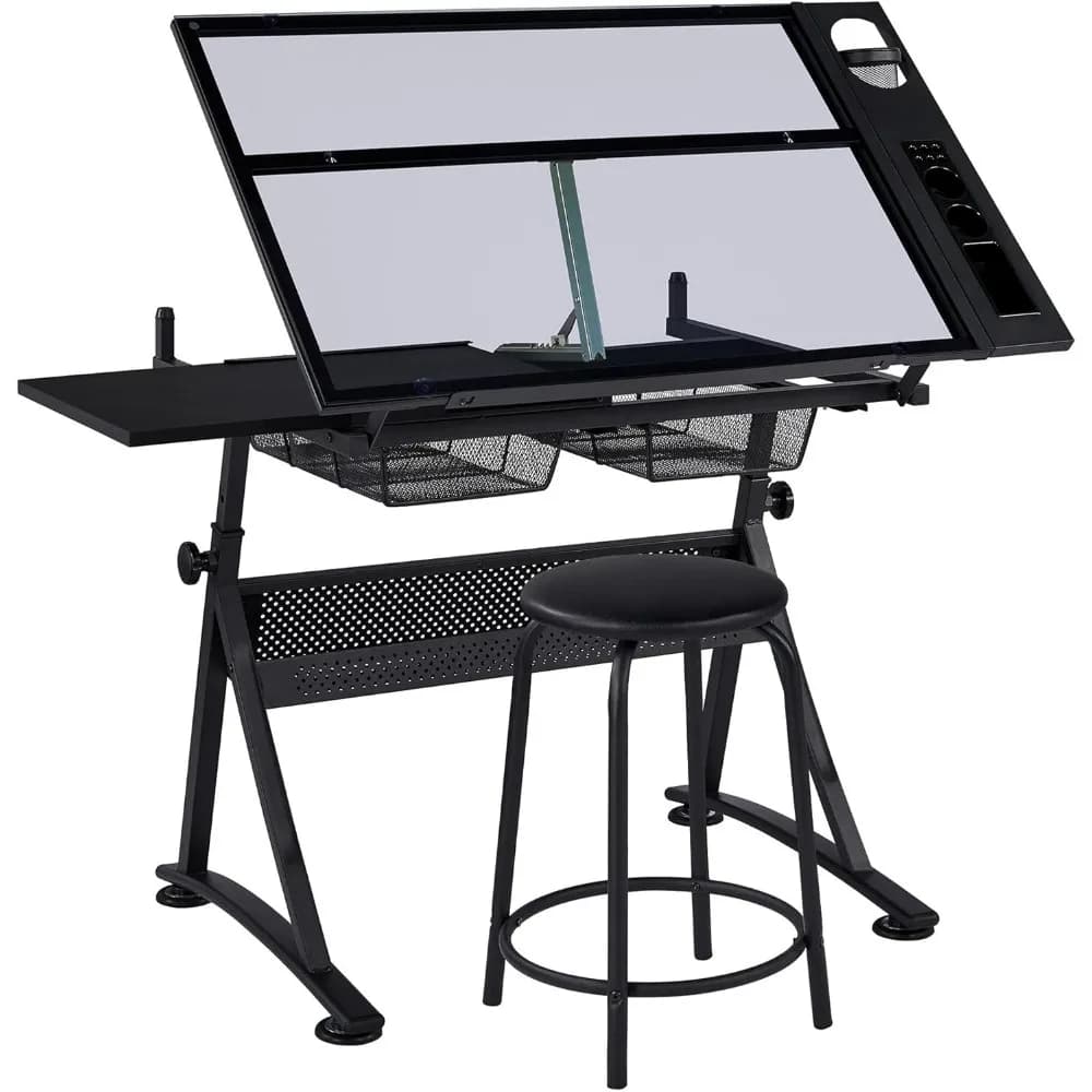 Height Adjustable Drafting Table with Stool, Multifunctional Art Desk for Craft, Diamond Paintings, and Storage Drawers