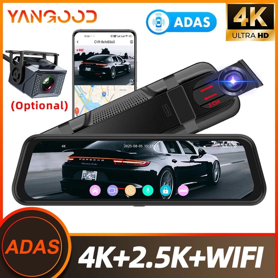 Yangood Dashcam 4K in Mirror with Double Channel, 9.66 Inch Touch IPS Screen, DVR Camera for Auto 2.5K, Registration in Loop ADAS, 24H Monitoring