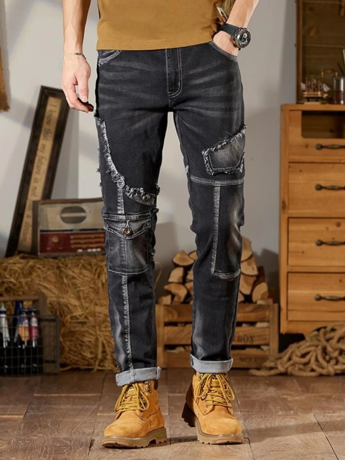Trendy Patchwork Frayed Denim Jeans Men's Autumn Winter Style Slim Fit Motorcycle Pants Multi-Pocket High Street Cool Brand