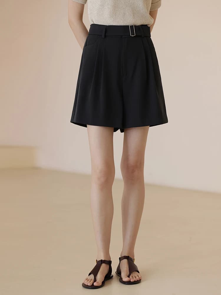 Summer New Style Anti-Wrinkle Smooth Chiffon Belted A-Line Shorts Commute Slimming Natural Waist Polyester Fiber Casual Pants