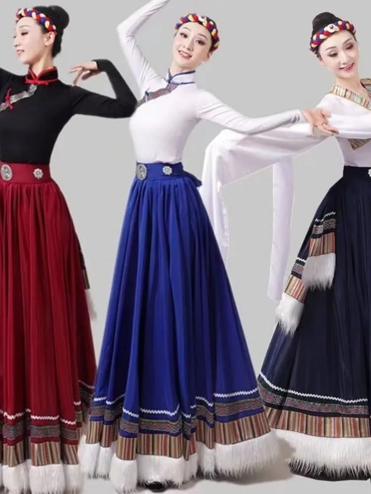 Nuovo Abbigliamento da Danza Tibetana per Donna con Maniche a Cascata, Mezza Gonna per Studentesse, Ampia Gonna a Ruota per Pratica ed Esami di Danza Etnica