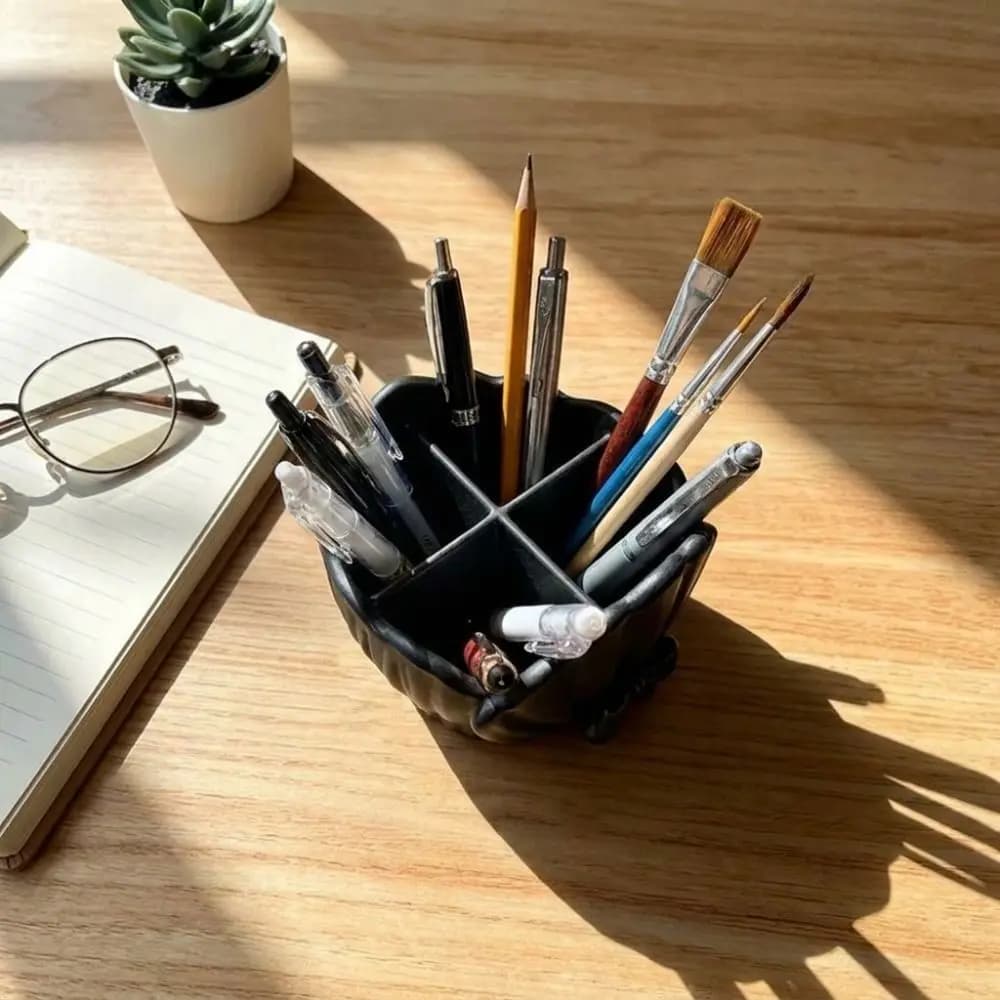 3D Printed Shell Shaped Toothbrush Holder Four-Compartment Shell Shaped Makeup Brush Storage Box Decorative Bow Lace Pen Holder