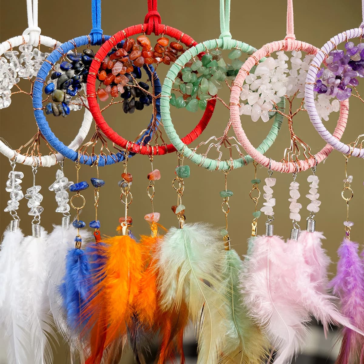1PC Natural Crystal Tree Life Handmade Weave Dreams Catcher Car Hanging Pendant Amethyst Window Home Decoration