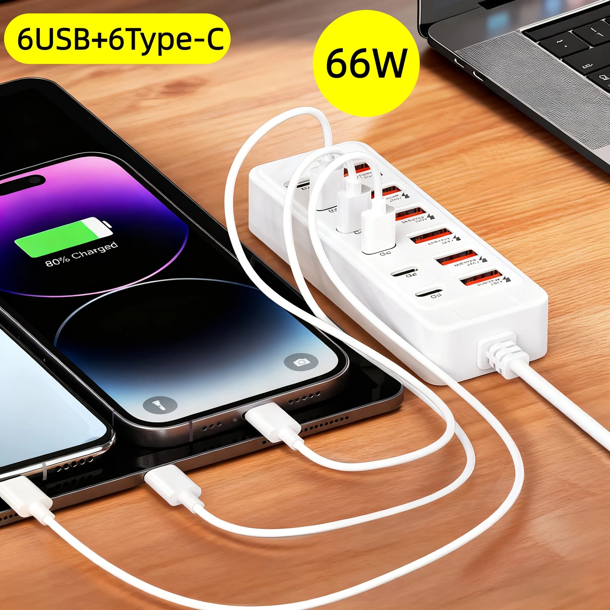 Fast charging multiport charger, 6-door USB with individual ports and power indicator, compatible with USB-C/USB-A devices