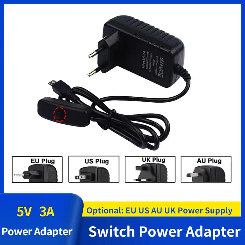 5 V 3A EU US AU UK power adapter with button switch power adapter Micro USB 5 V Volt port charger for Raspberry Pi 3B