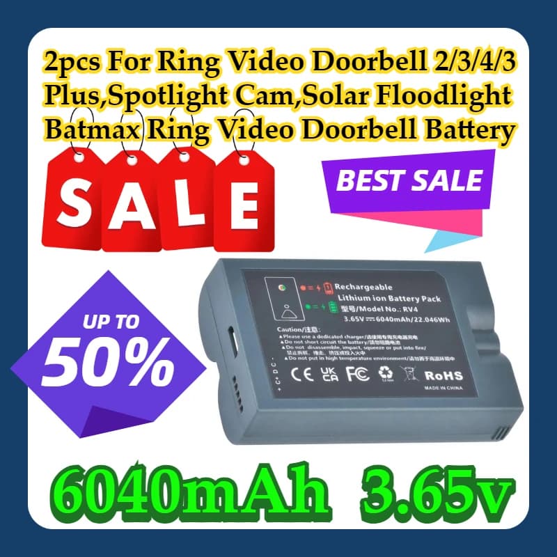 2 pezzi per campanello video ad anello 2/3/4/3 Plus, telecamera faretto, proiettore solare Batmax 6040mAh batteria per campanello video ad anello