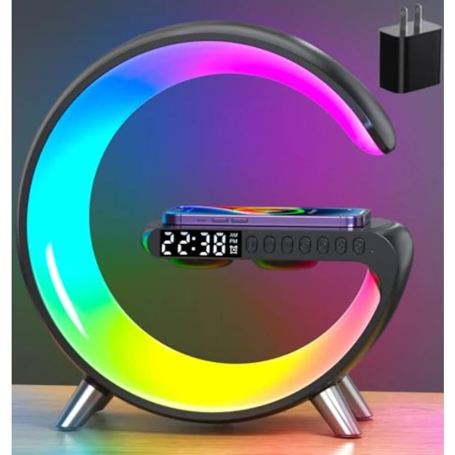Lampada da tavolo intelligente, stazione di ricarica wireless da 15 W con lampada a LED per l'atmosfera, luce notturna da comodino, sveglia, altoparlante Bluetooth.