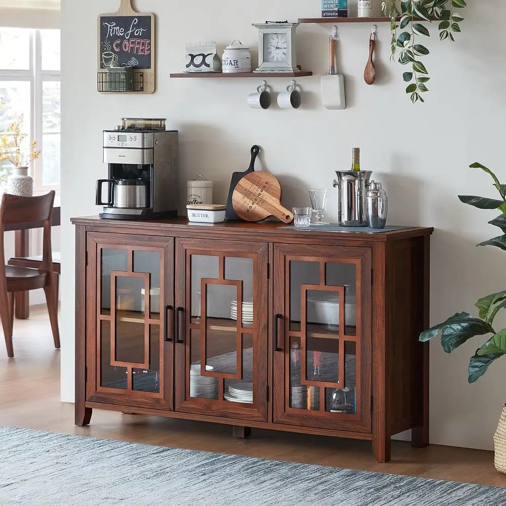 Grande Credenza Buffet con Spazio di Archiviazione, Mobile da Cucina Stile Rustico 55 Pollici con 3 Ante in Vetro, Legno Stile Mid-Century