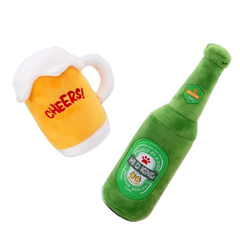Simulazione Peluche Ripiene Giocattolo per cani da compagnia Bicchiere di birra Bottiglia di birra BB Abbaiare Suono Giocattolo per animali domestici Accessori per cani Giocattoli interattivi per cani