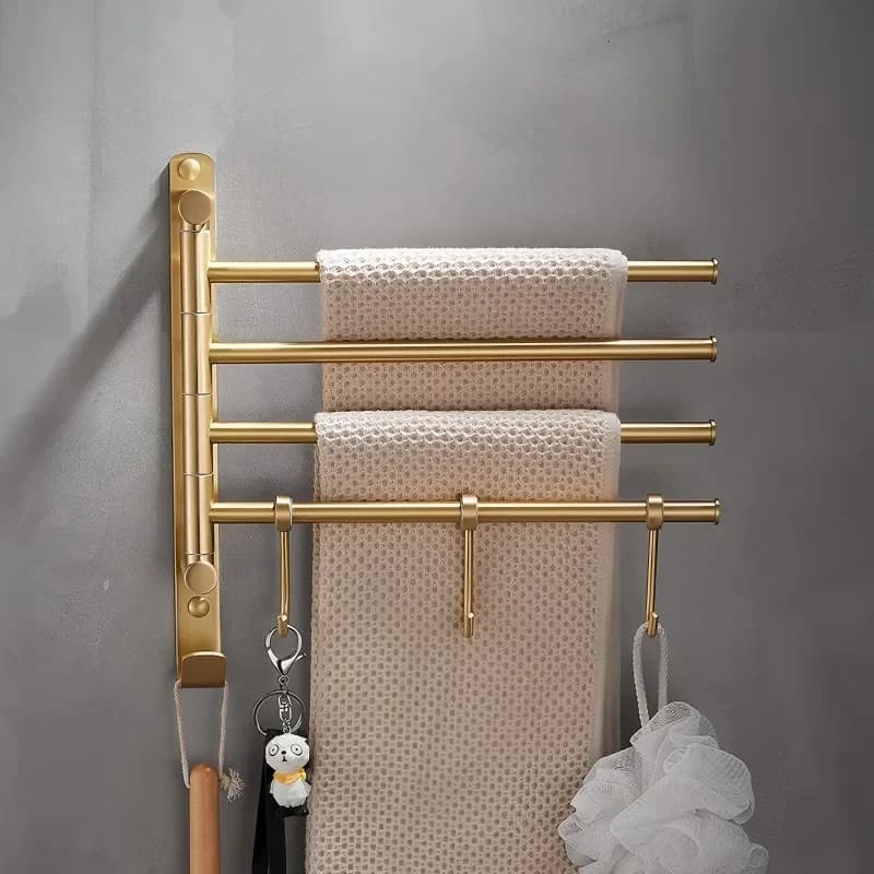 Luxury Brushed Gold Towel Bar All Copper Folding Rotating Rack Bathroom Storage Hook Movable Holder for Modern Home Decor All