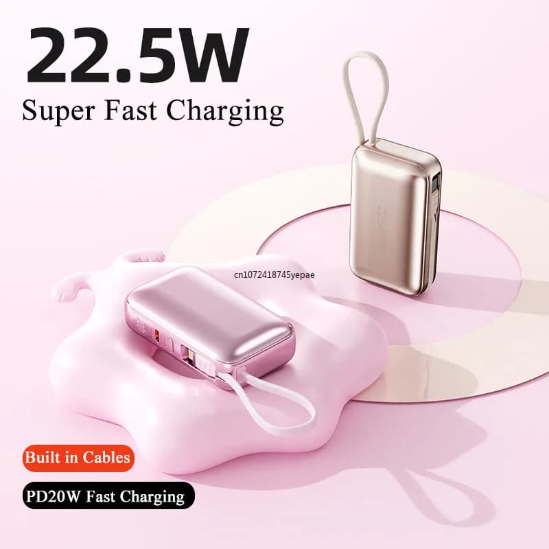 Mini Power Bank 10000mAh 22.5W PD20W Caricatore portatile a ricarica rapida bidirezionale Batteria esterna Cavi integrati Powerbank Nuovo