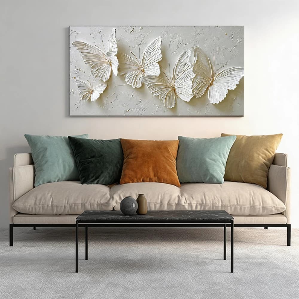 Painted on canvas with large wooden frame, wall decoration with white butterflies, 1 piece.
