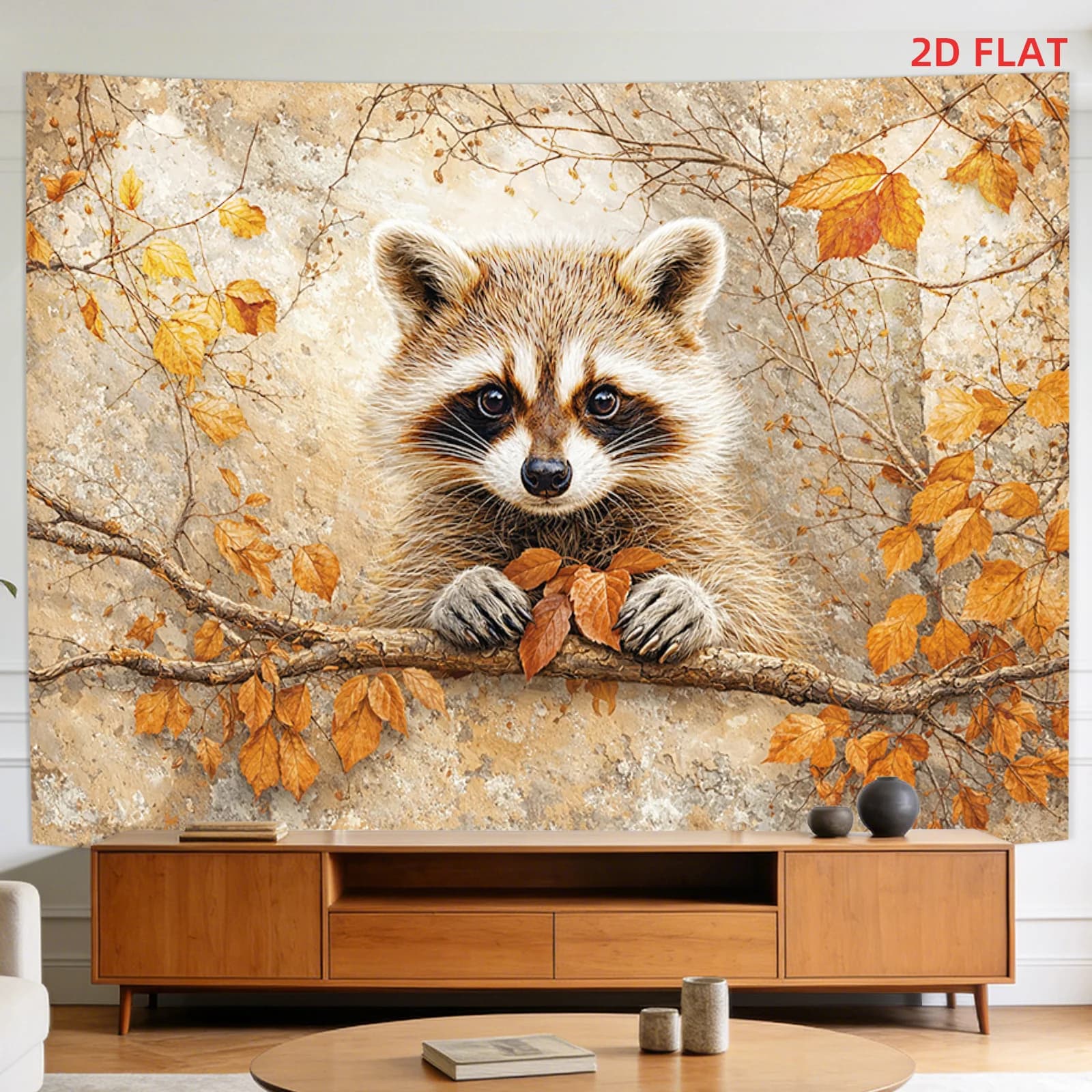 Beautiful Raccoon Fall Tapestry Boho Woodland Animal Art Canvas Print Rustic Forest Nature Wall Decor Large Size Home Accent Dec