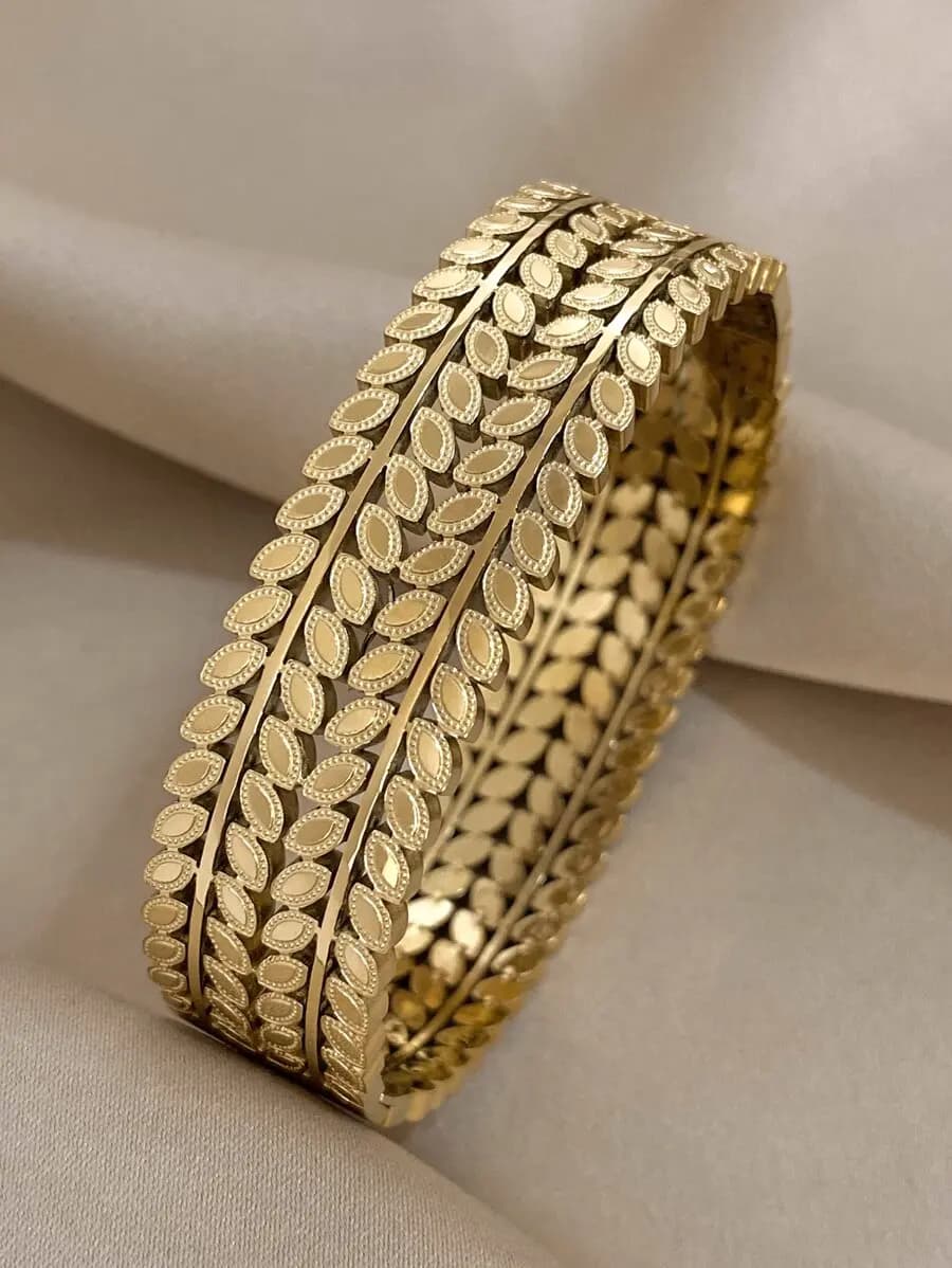 Bracciale a Polsino Largo in Acciaio Inossidabile con Foglie Greche Vintage, da Donna, Tono Oro, Design a Spiga di Grano Cava Multistrato