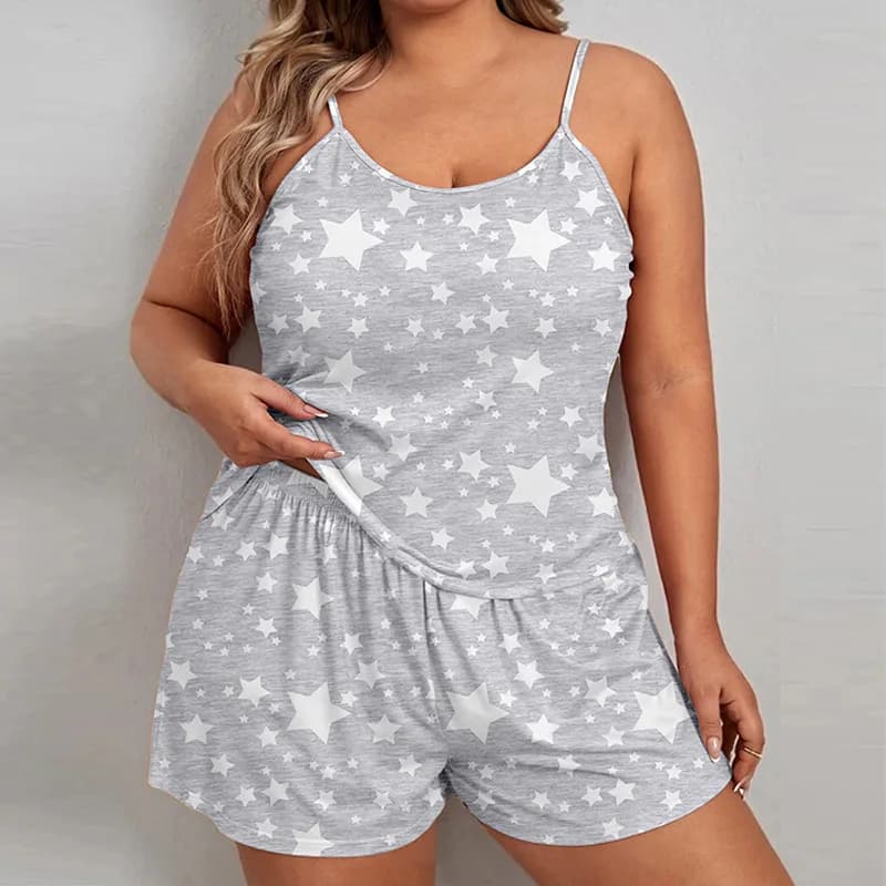 Pigiama da donna con stampa stella taglie forti Set senza maniche con scollo a O e pantaloncini in vita elastica 2 pezzi Indumenti da notte da notte grigi femminili