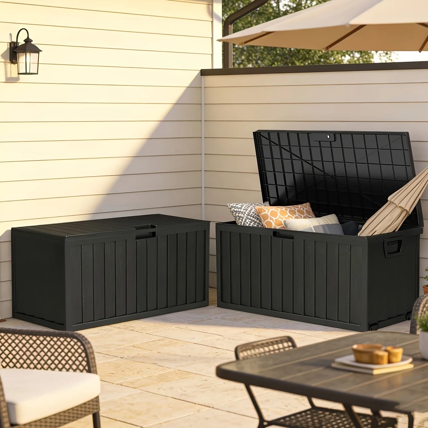 Contenitore da esterno impermeabile da 75/35 galloni con maniglie e ruote, grande armadio portaoggetti per mobili da patio e piscina