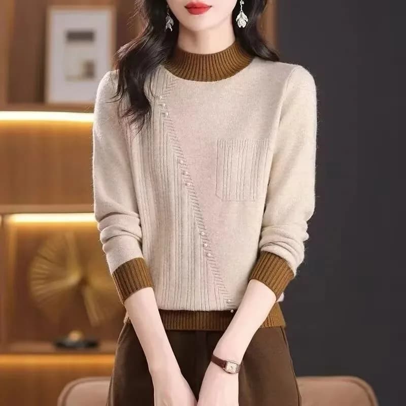 Western Fashionable Color Matching Half Turtleneck Bottoming Thickened Sweater 2025 Autumn Winter New Top Loose Knitted Sweater