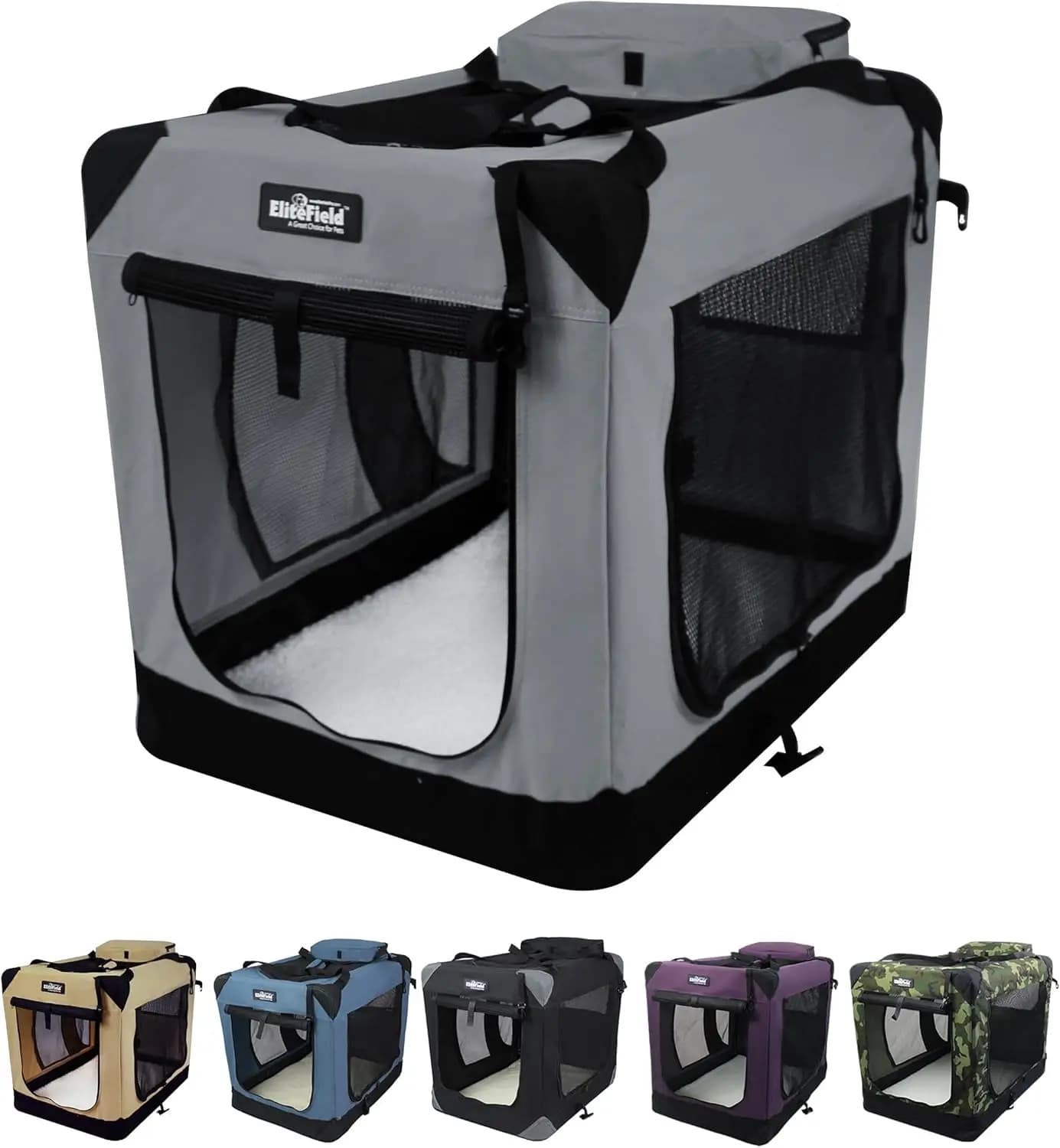 Trasportino Pieghevole a 3 Porte per Cani con Borsa da Trasporto e Cuccia in Pile (2 Anni di Garanzia), Cuccia per Animali Domestici da Interno ed Esterno (91 cm L x 61 cm)
