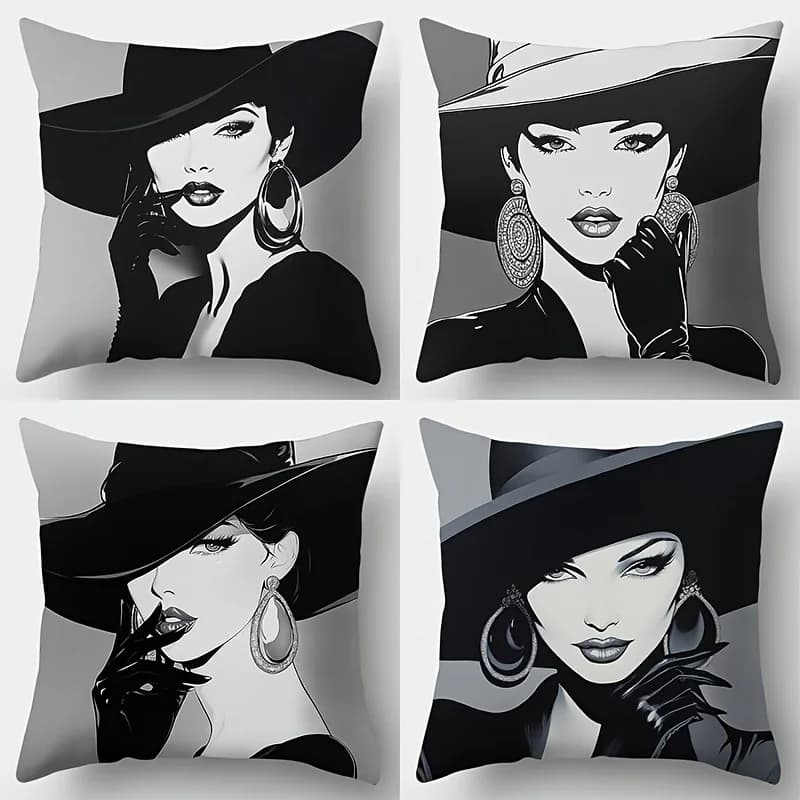 Decorative Printed Throw Pillow Cover Set of 4 Monochrome Glamour Woman Art Design Polyester Cushion Case Bedding Decor
