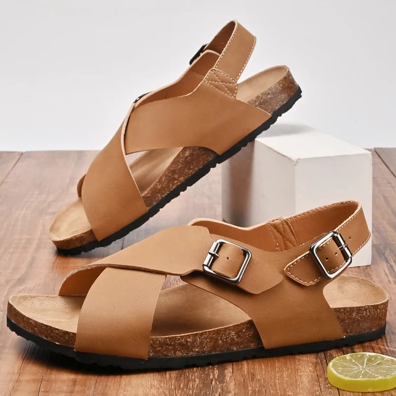 Summer Men's Sandals Leather Retro Roman Comfortable Soft Sole Men Slippers Peep Toe Breathable Outdoor Beach Sandals