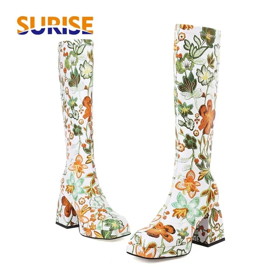 Women's Winter Boots with High Knee Platform Long Boots in Women's Warm Plush Briefs with Mixed Green Color Flowers High and thick Square Toe