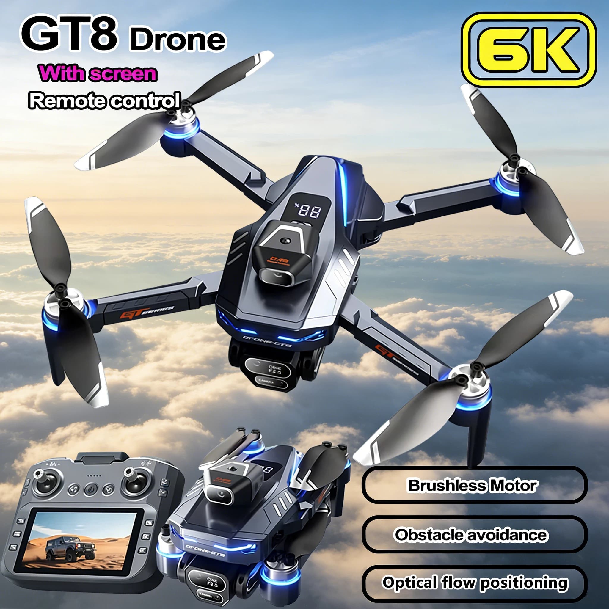 Nuovo Drone GT8 2026 in Offerta Speciale, Professionale 4K HD con Doppia Fotocamera, Motore Brushless 8K, WIFI 5G FPV, Quadricottero RC Pieghevole