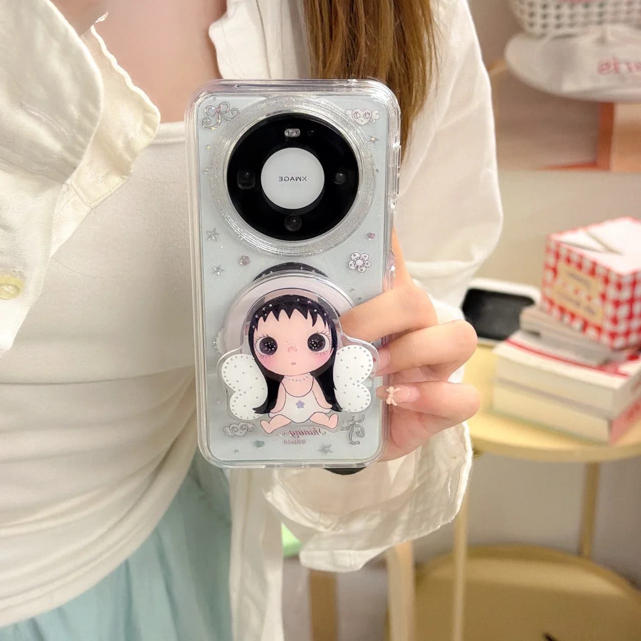 Kawaii Girl Glitter Phone Case for iPhone 18 17 16 15 14 13 pro with Gilded round Edge Cute Magnetic Holder Film Cover