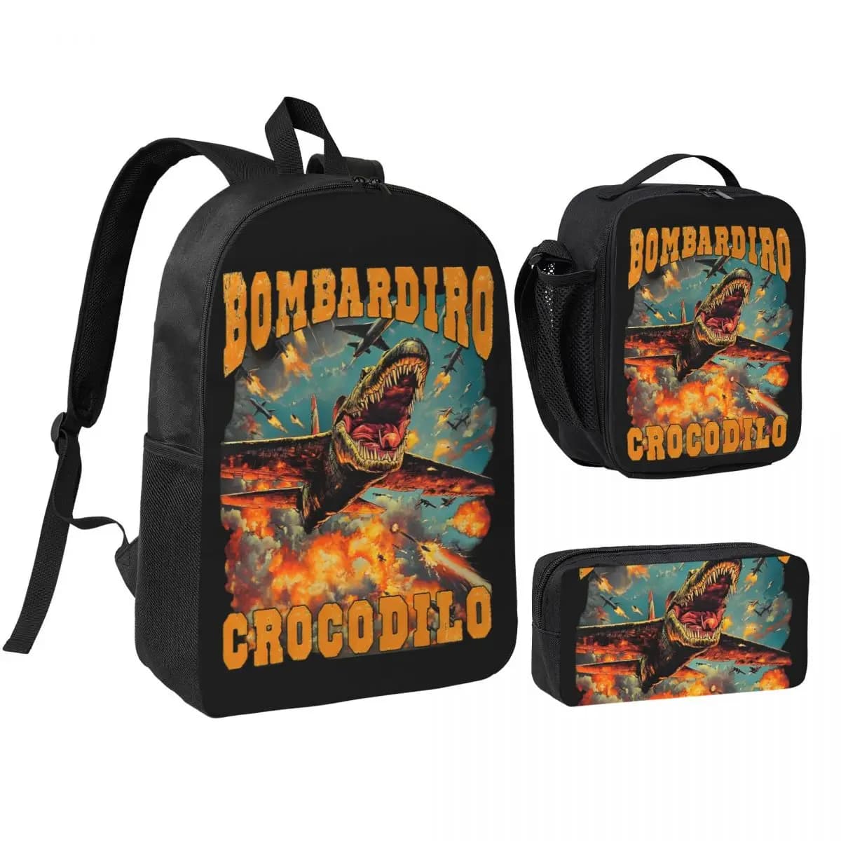 Bombardiro Crocodilo Aereo Meme 3pecs/set Zaino per Studente Borsa a tracolla italiana Brainrot Borsa per il pranzo Astuccio