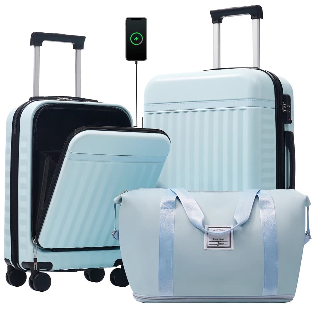 Set di 3 valigie rigide con apertura frontale, espandibili, con USB, lucchetto TSA e ruote girevoli, con borsa da viaggio