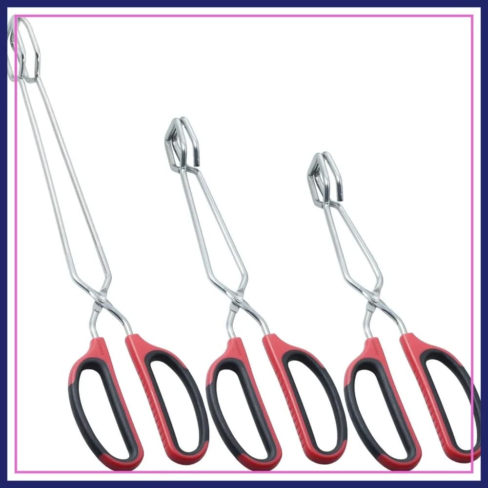 Set di Forbici e Pinze da Cucina in Acciaio Inox, 3 Pezzi per Cucinare, Grigliare e Servire, Manico Rosso (10/12/16 Pollici)