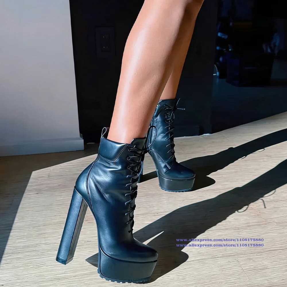 Stivaletti Neri con Tacco a Blocco e Plateau, Stivali Alti Eleganti con Lacci per Donna, Trendy Fatti a Mano, Botas Mujer