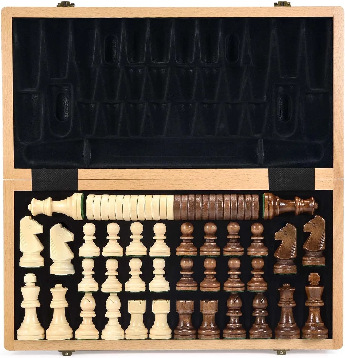Set di Scacchi e Dama in Legno da 15 Pollici con Pezzi Pesanti, 2 Regina Extra, 24 Dama, Scomparti Portaoggetti - Gioco da Tavolo Classico 2-in-1