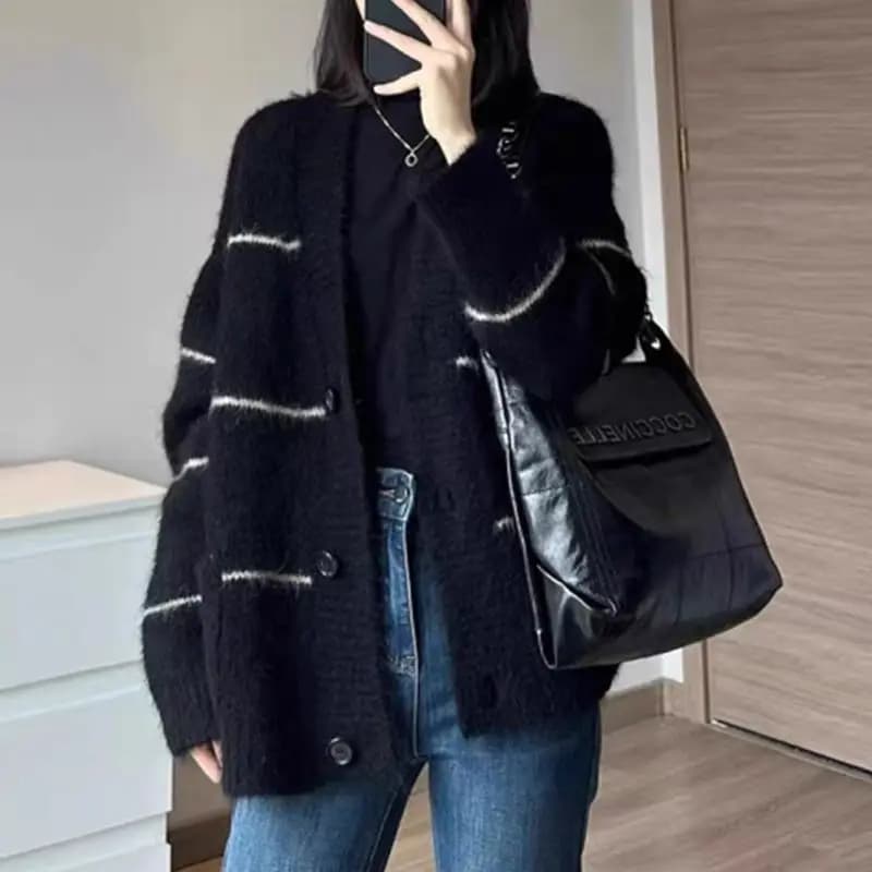 2025 Retro Fashion Striped Knitted Cardigan Sweater Jacket for Women Loose Fit Slimming Top