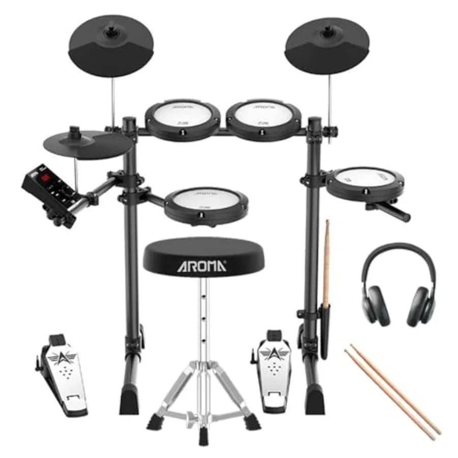 Set di Batteria Elettronica TDX-18 con 4 Pad in Mesh Silenziosi, 2 Pedali Switch, Set di Batteria Portatile Solido, Bluetooth, Sgabello per Batteria, Cuffie