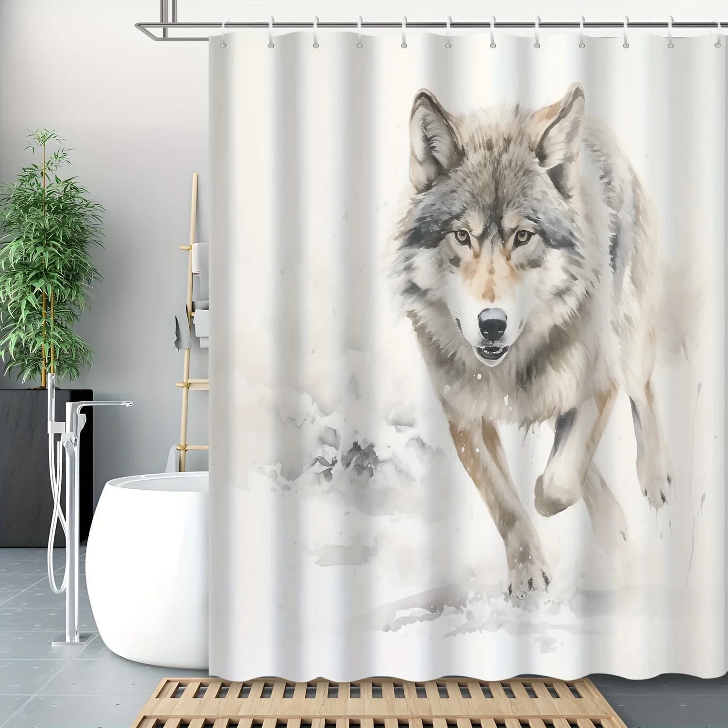 Tenda da doccia con lupo feroce che corre nella neve - Stampa artistica del re lupo, poliestere, 12 ganci inclusi, decorazione da parete per il bagno