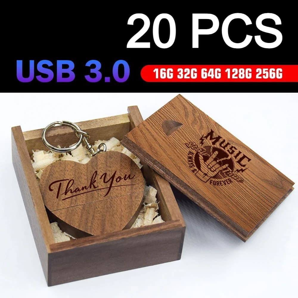 20 pz 64 GB di Legno a Forma di Cuore Usb3.0 Scatola di Imballaggio USB Flash Drive Pendrive 4 GB 16 GB 32 GB Fotografia Regalo LOGO Personalizzabile