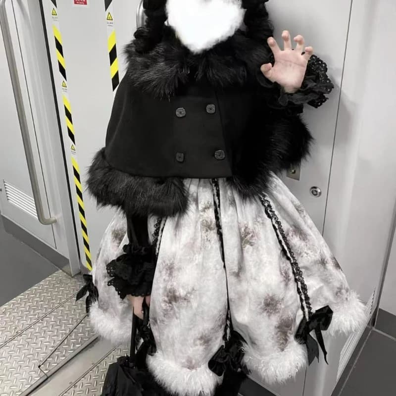 Autunno Inverno Natale Lolita Set da 3 pezzi Donna Kawaii Peluche Mantello Cappotto Carino Stampa Fiocco Mini abito Stile coreano Y2k Dolce vestito